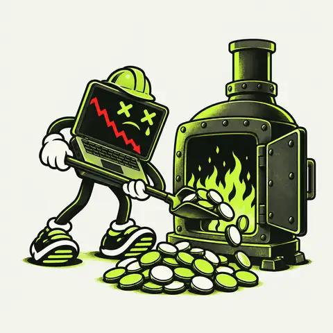 LAPFLOP in a hard hat shovelling blank round tokens into a furnace with green flames.