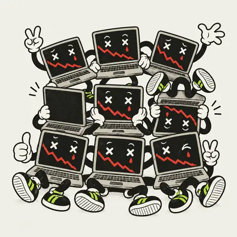 Nine LAPFLOP laptop mascots posing together against a bone-white backdrop, with one upside down and one looking away.